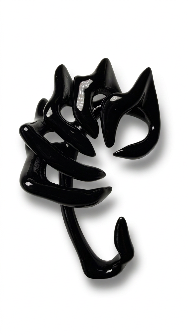 Glossy black sculptural jewelry piece: an ear cuff with curved, claw-like arms, photographed on a clean white background.
