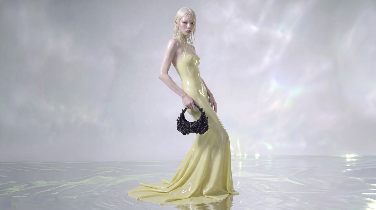 Model in a long pale-yellow satin gown holding the black Morph bag, standing on a reflective, water-like surface in soft silver light.